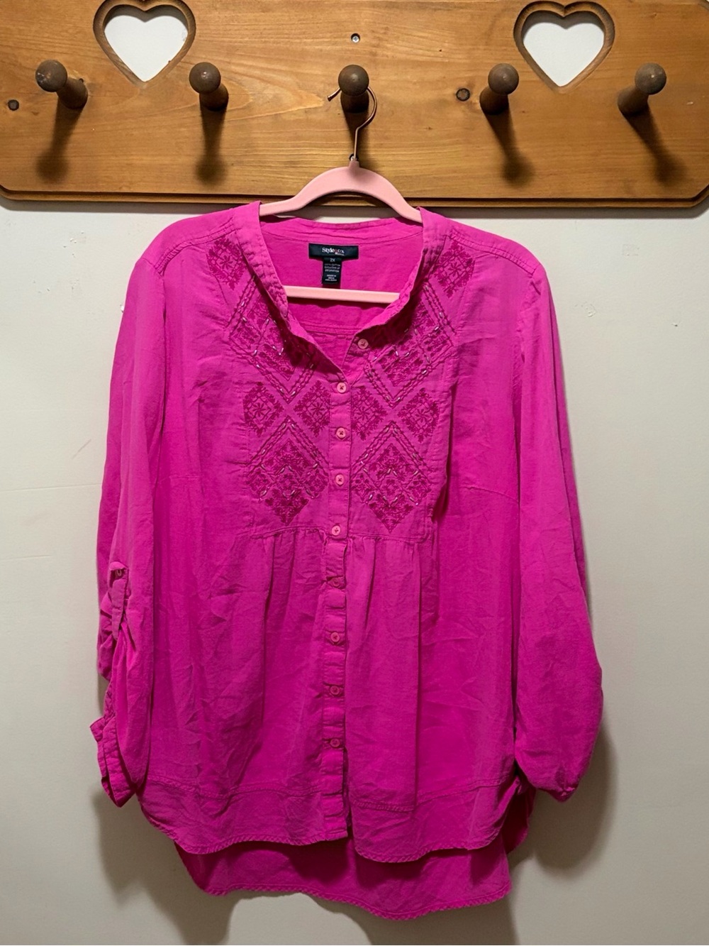 Style & Co Woman 2X Pink Embroidered Beaded Cotton Boho Tunic Blouse